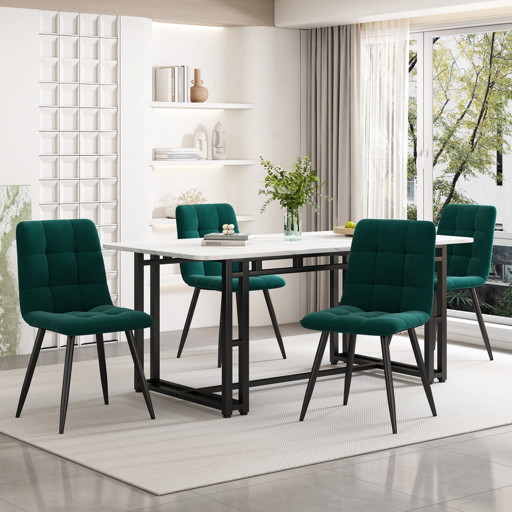 Conjunto mesa de jantar com 4 cadeiras em veludo verde mesa 140cm
