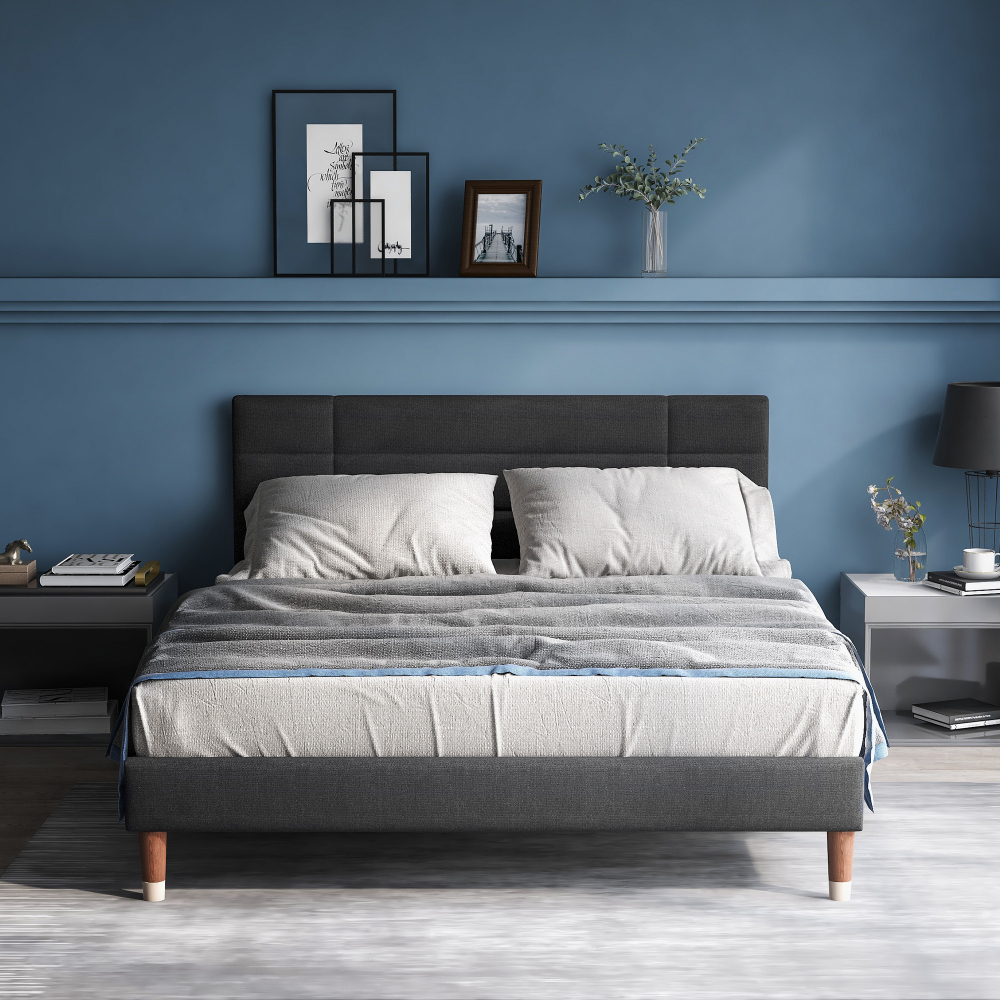 Cama de casal 140x200cm com colchão e arrumação madeira – cinzento
