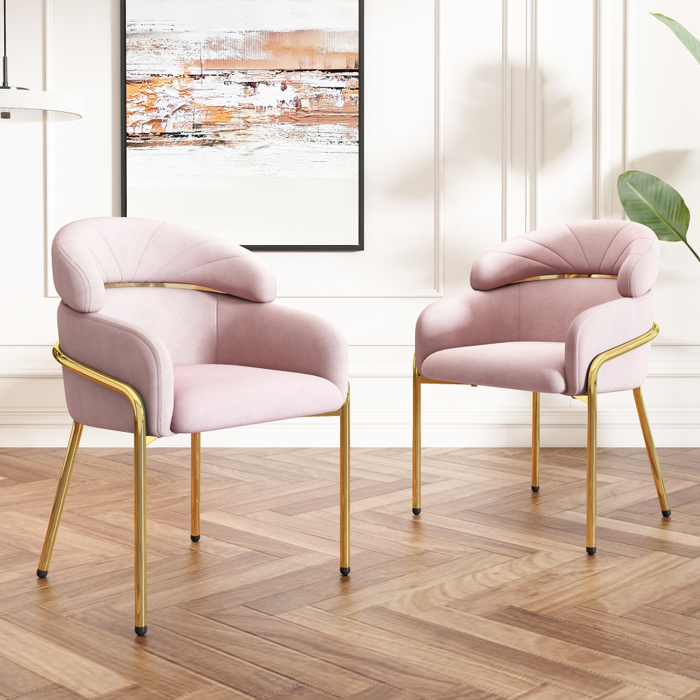Cadeira de jantar em veludo rosa com pernas metálicas modernas