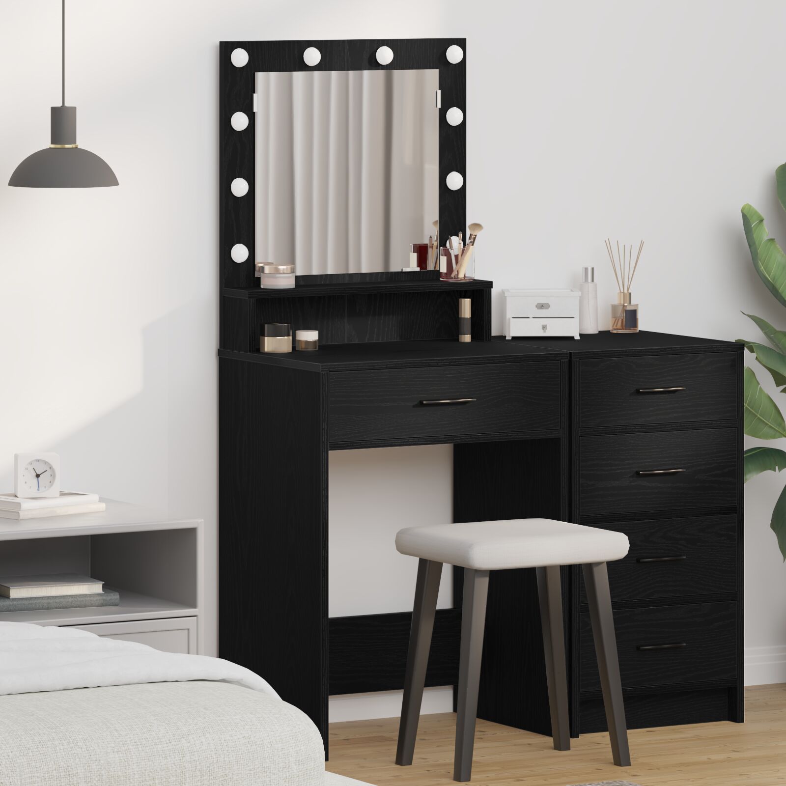 Mesa de maquiagem com luzes LED carvalho preto 50x41x135 cm wf200344