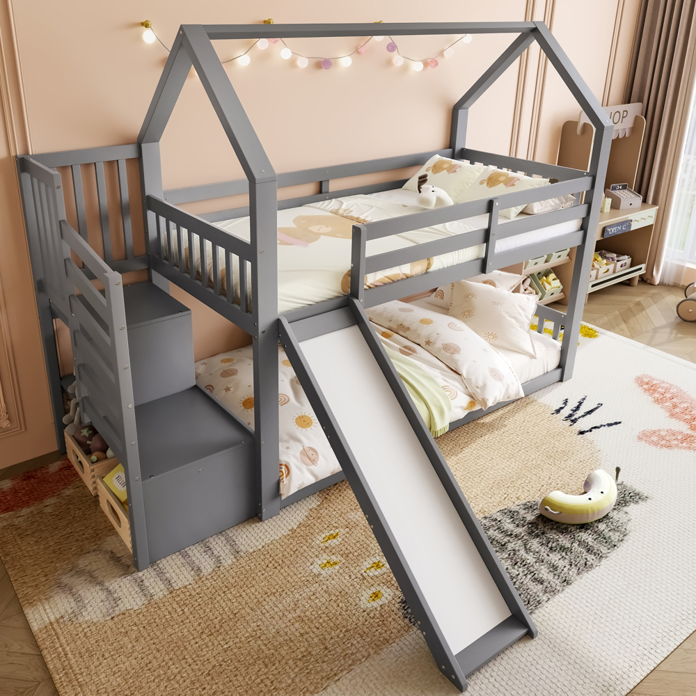 Beliche casinha 90x200cm com escorrega e arrumação madeira cinzento