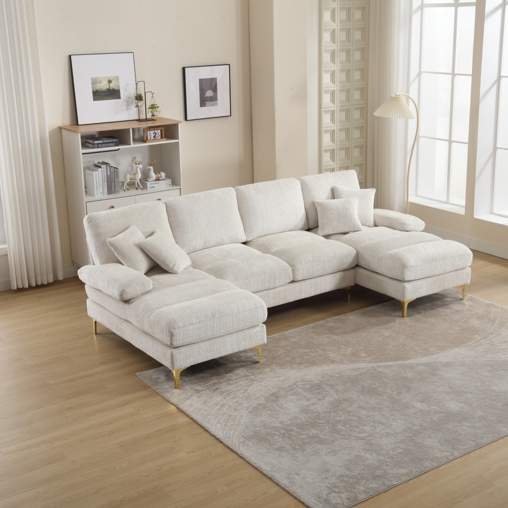 Sofá em u em chenille bege 4 lugares com duas chaise longue