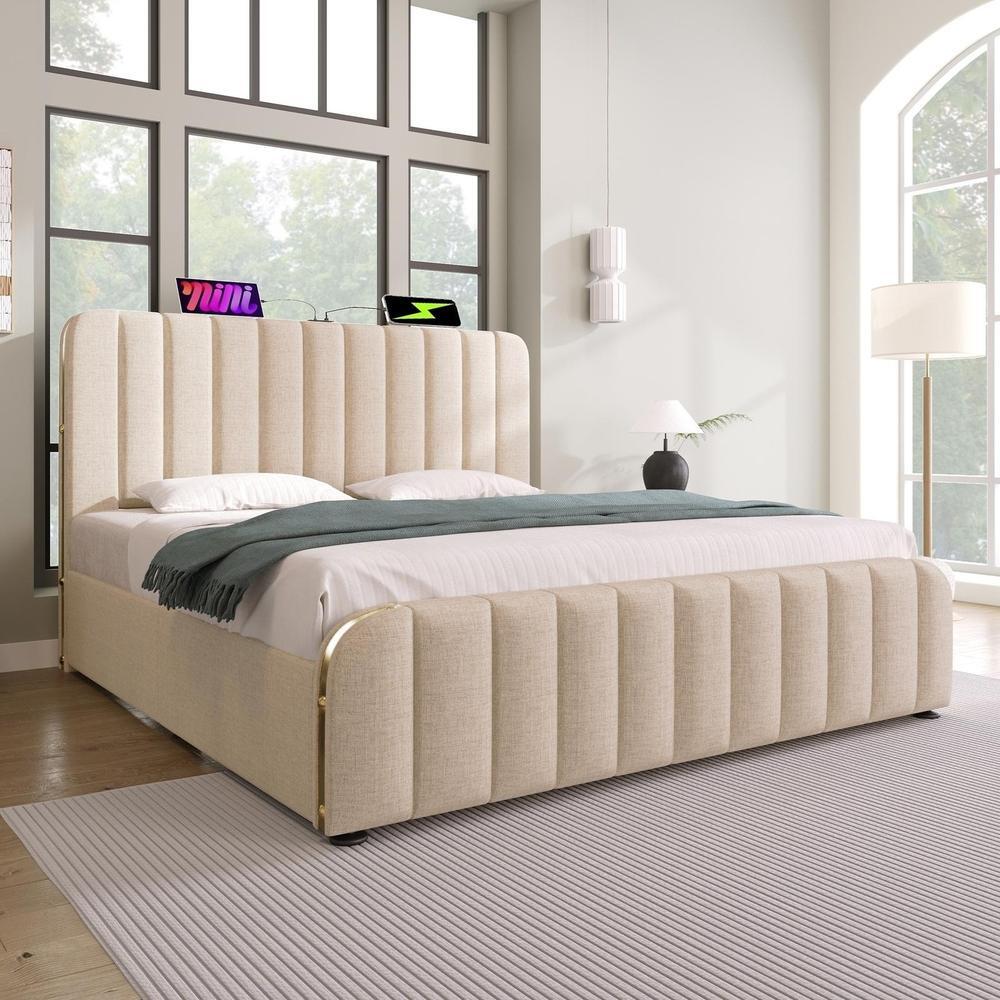 Cama 160x200cm linho, cabeceira acolchoada, baú hidráulico bege