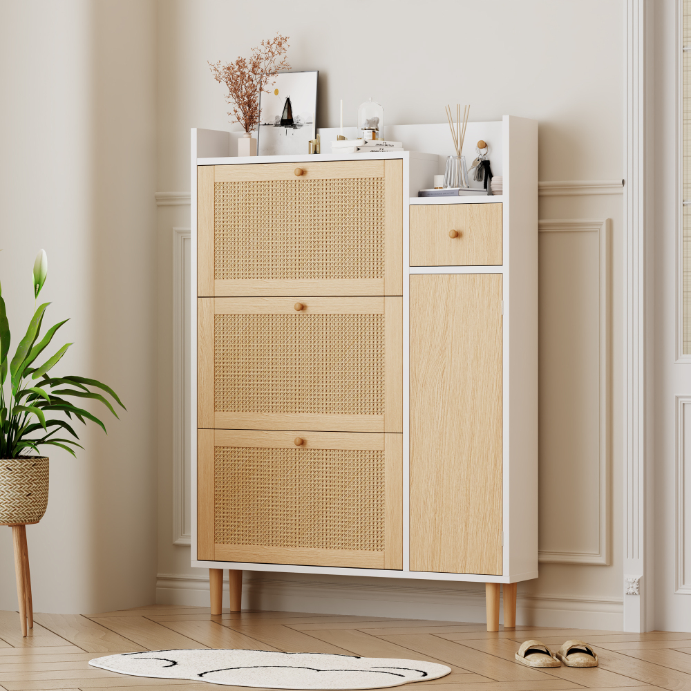 Sapateira para entrada 3 portas 1 gaveta natural branco 125x90x17cm