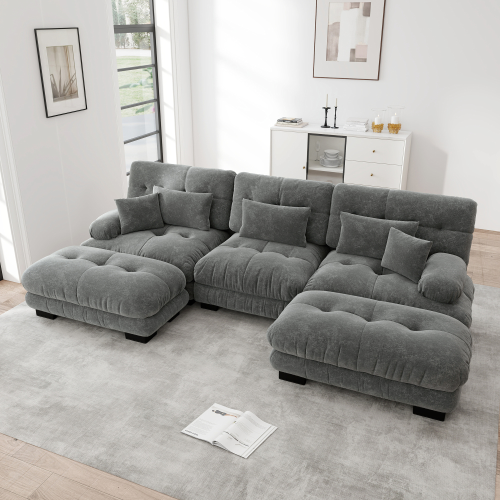Sofá modular em u chenille cinzento com otomanas e assento profundo