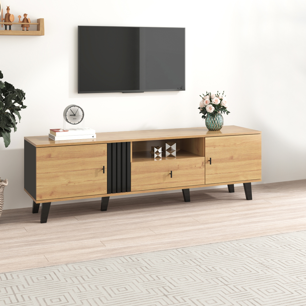 Móvel de tv em madeira e preto com 2 portas 1 gaveta 50x170x40cm