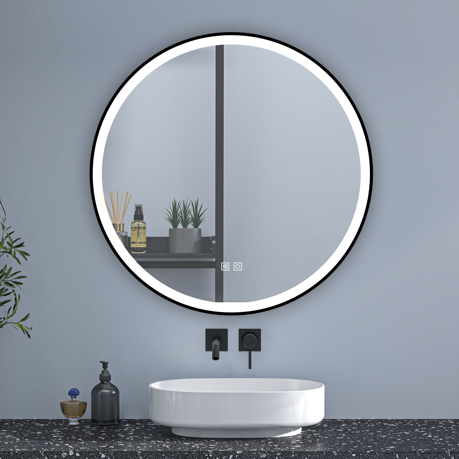 Espelho de banheiro redondo LED 60cm com moldura, brilho ajustável