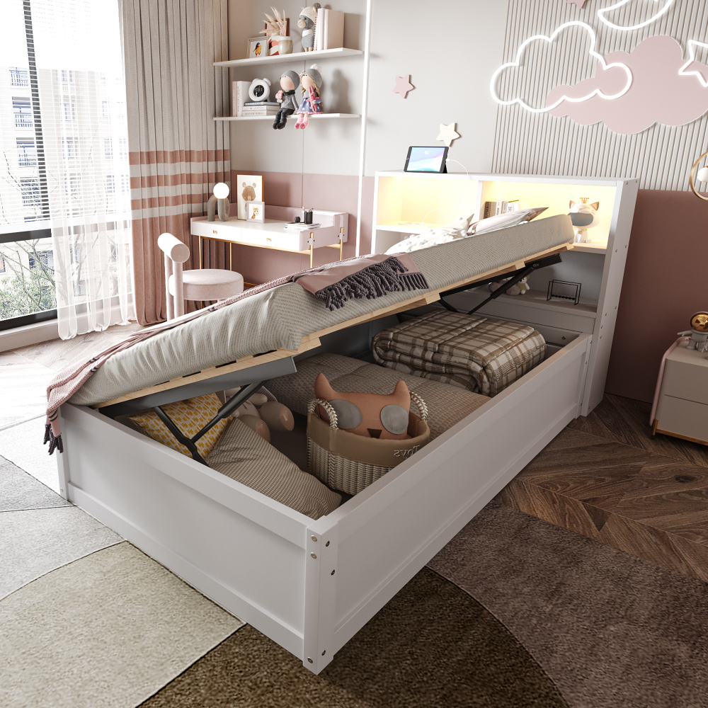 Sofá cama 90x200cm com tomada e arrumação madeira branco