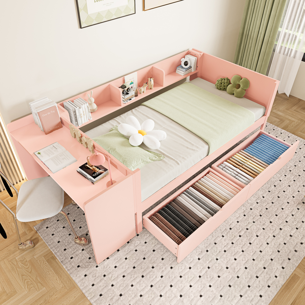 Cama individual 90x200cm com secretária e arrumação madeira rosa