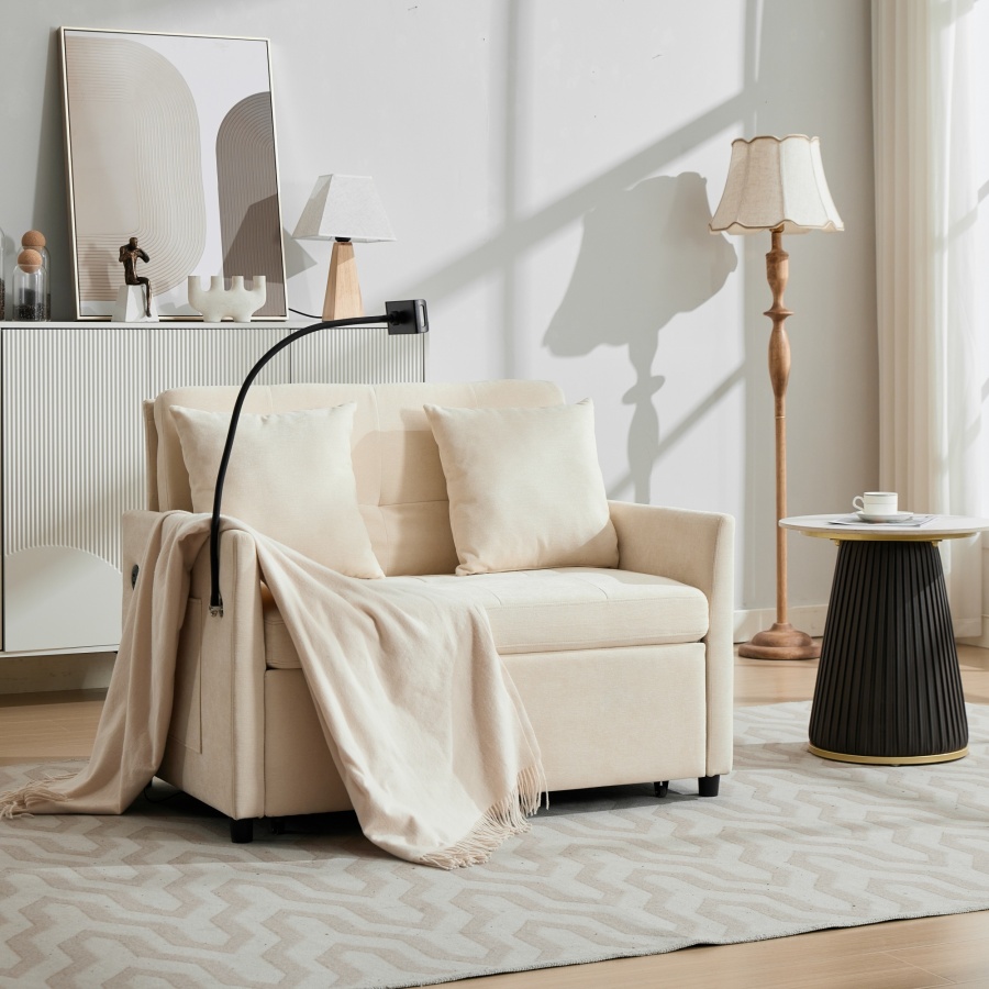 Sofá individual dobrável estofado bege com usb e suporte para tablet