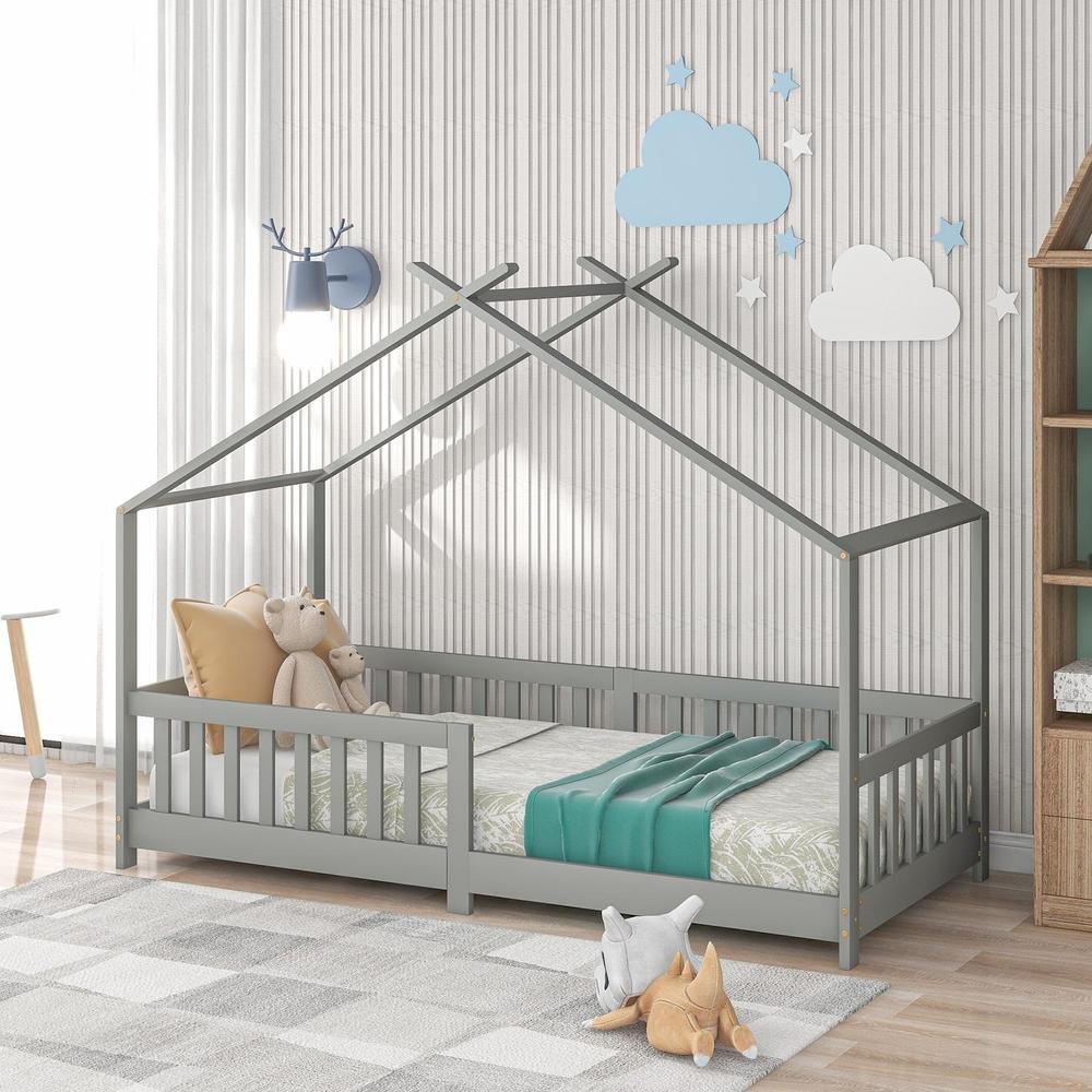 Cama infantil 90x200cm madeira maciça com grade e sommier cinza