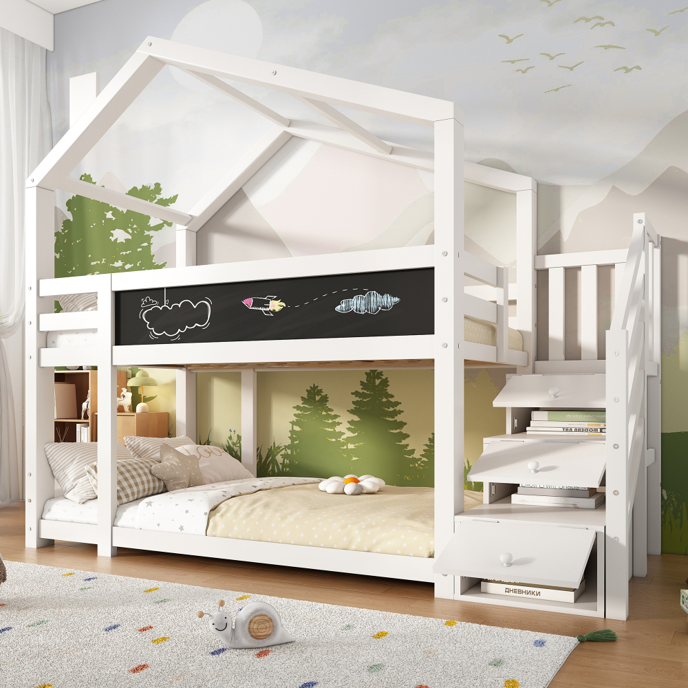 Beliche casinha 90x200cm com tábua e arrumação madeira – branco