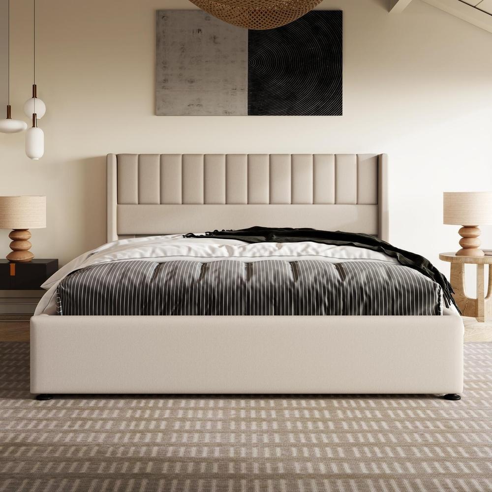 Cama 160x200cm com arrumação hidráulica cabeceira riscas beige