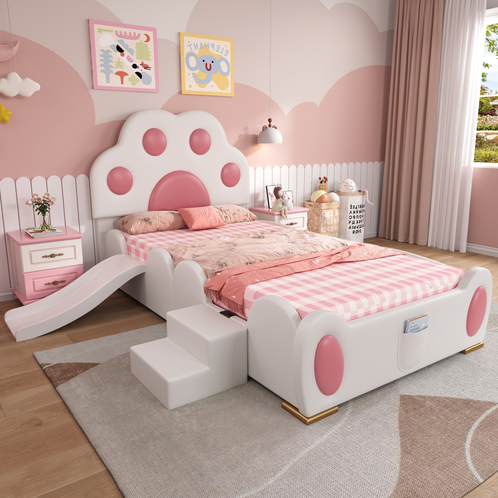 Cama estofada infantil 90x200cm com escorrega e escada pu – rosa e branco