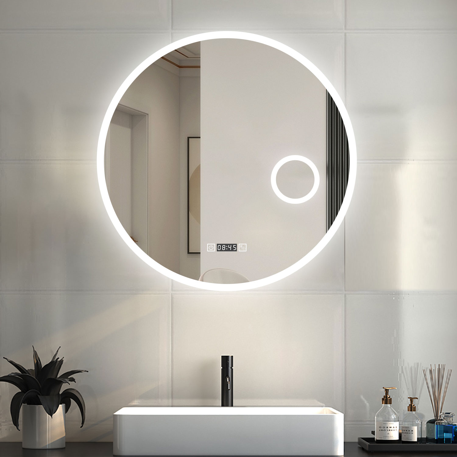 Espelho redondo de casa de banho com LED 60x60cm com ampliação 3x+relógios