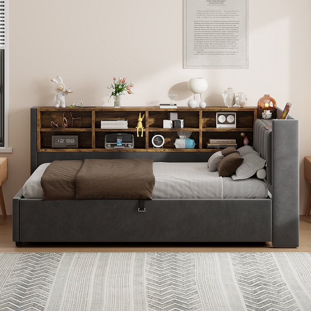 Cama com colchão macio,90x201cm,veludo,cinza escuro.