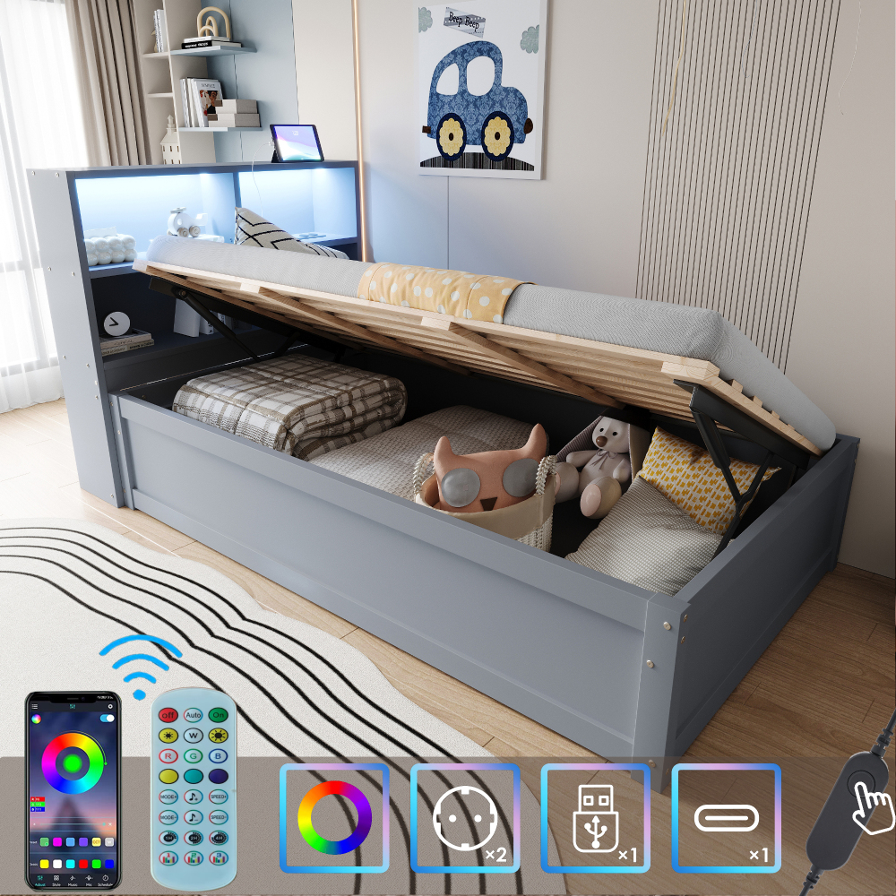 Sofá cama 90x200cm com arrumação e LED madeira cinzento