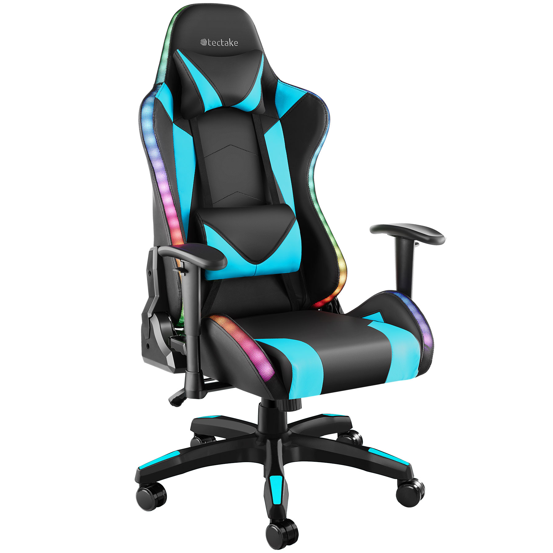 Tectake cadeira de gaming, LED, função de massagem, 360º, preto/azul claro