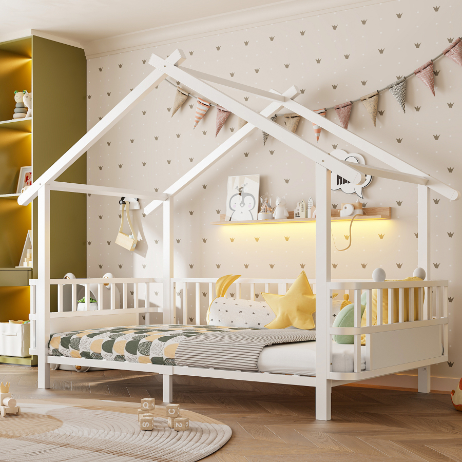 Cama infantil 90x200cm em casa com grade de proteção metal – branco