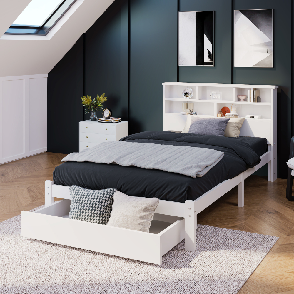 Cama individual 90x200cm com estante e arrumação madeira – branco