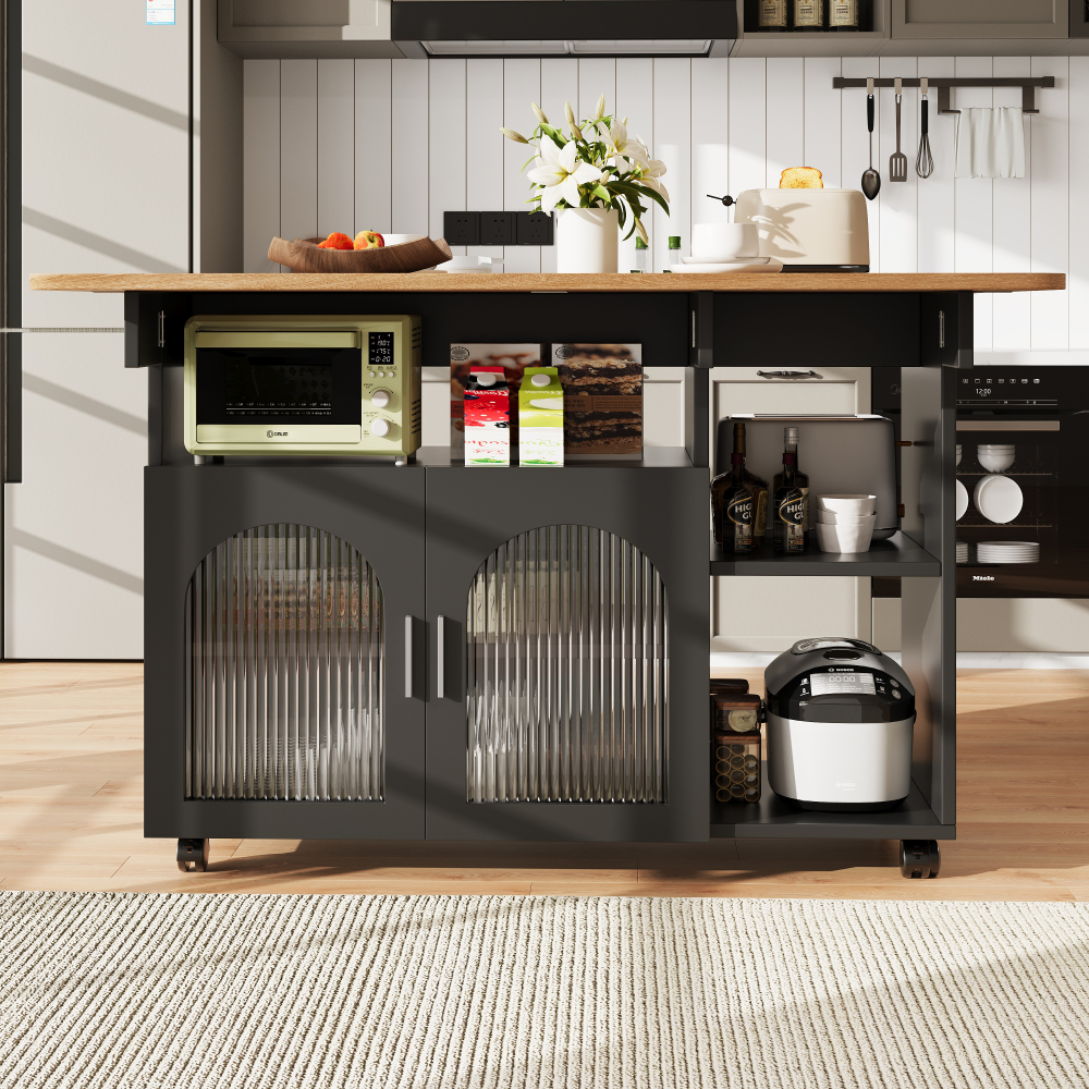 Ilha de cozinha com tampo dobrável e rodas - mdf preto e natural