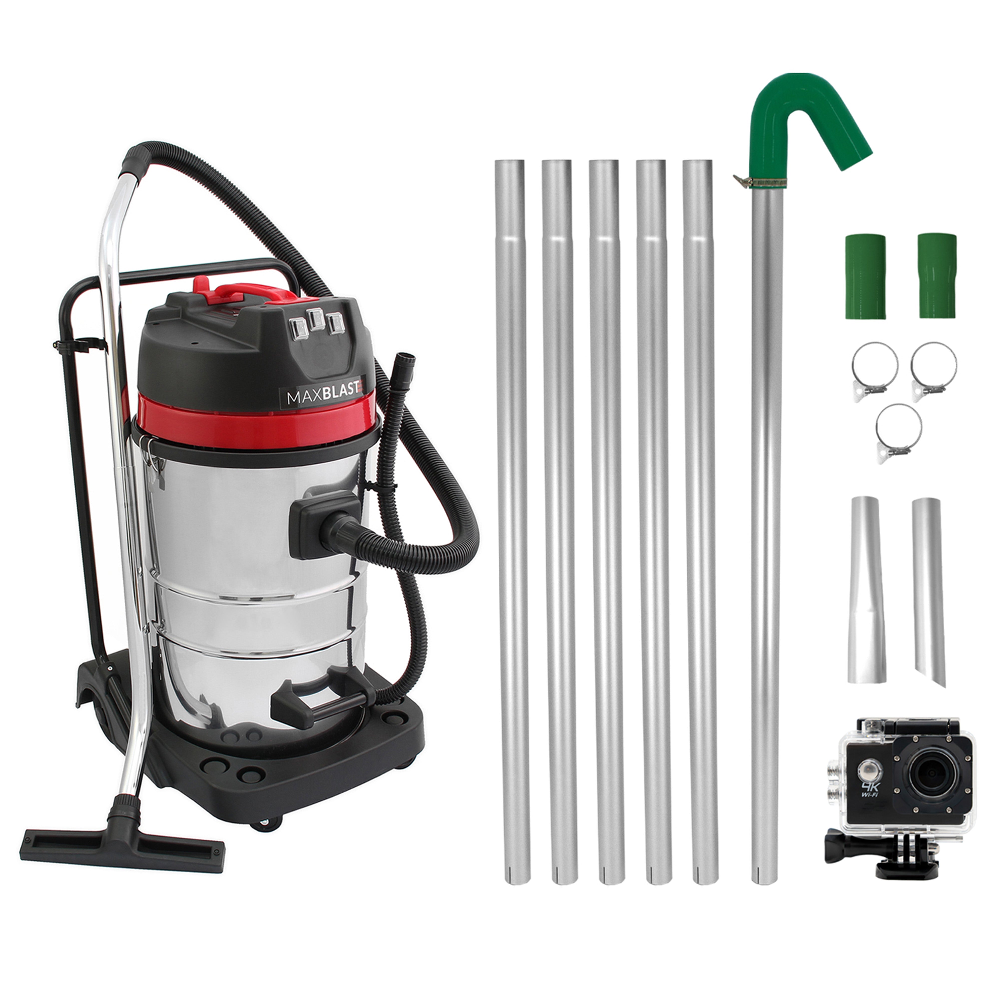 Kit de limpeza de calhas com aspirador 80 l, tubos extensíveis e câmara 4k