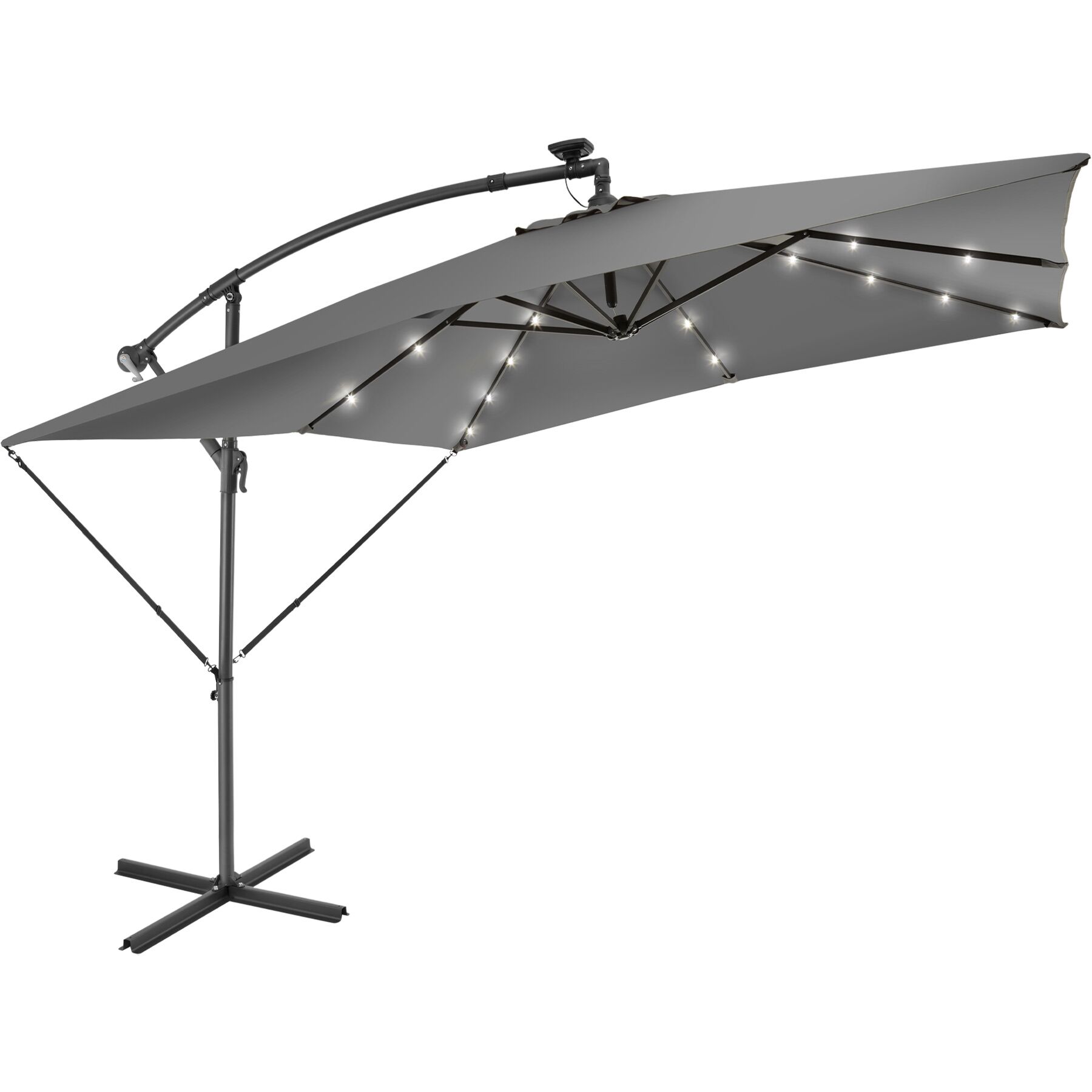 Pala de sol com luces solares LED e manivela 2,5 x 2,5 m, cinzento claro