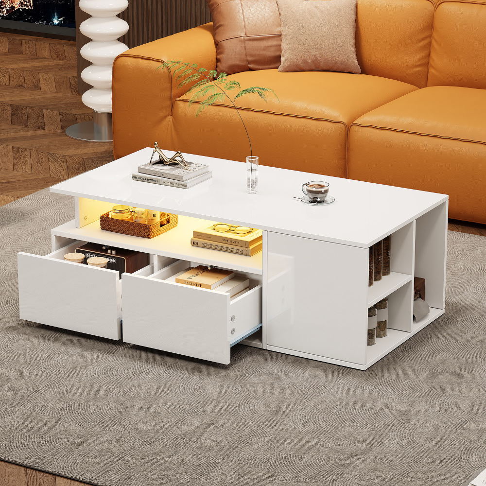 Mesa de centro com LED 2 gavetas branco 35x100x50cm