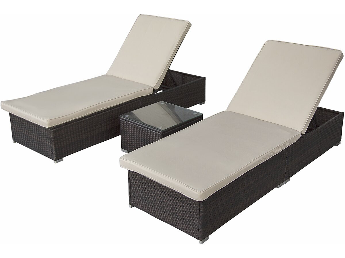 Conjunto de 2 espreguiçadeiras em resina trançada com almofadas e mesa baix