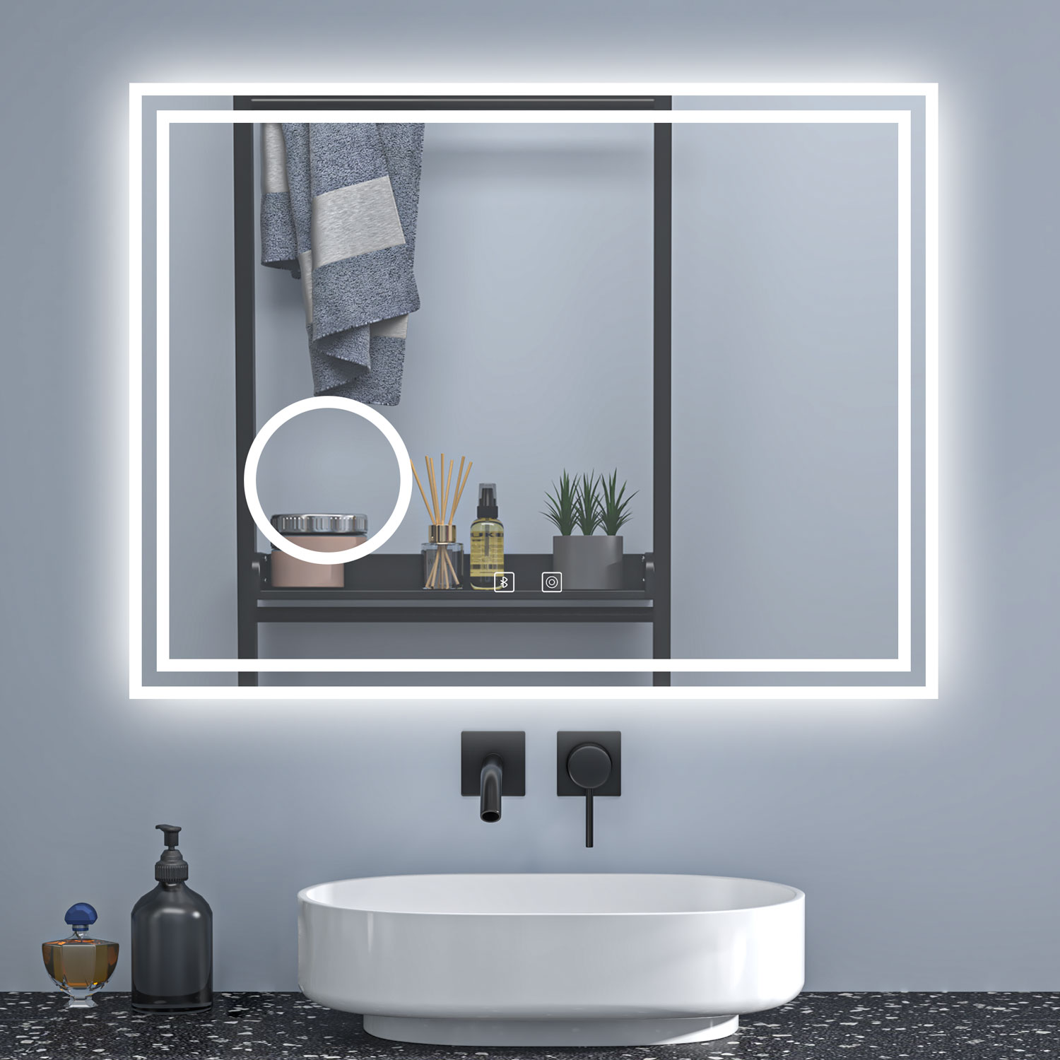 100x60cm espelho de casa de banho bluetooth com LED,ampliação 3x