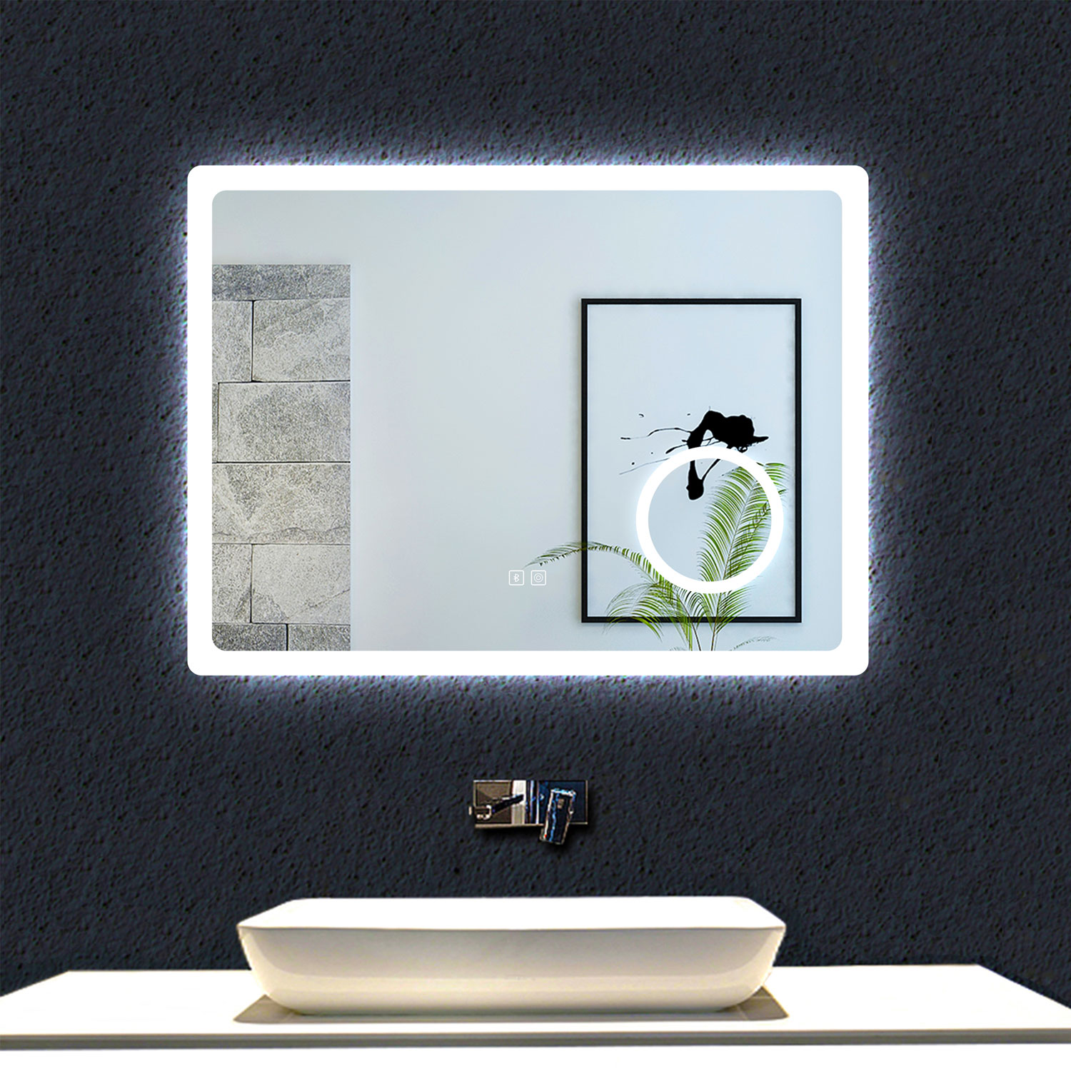 Espelho de casa de banho LED 80×60cm + bluetooth + espelho de aumento