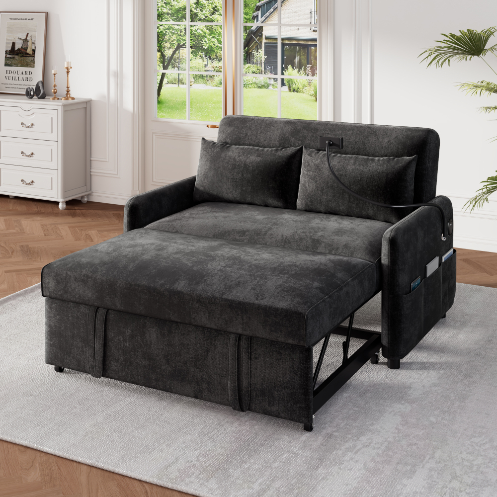 Sofá-cama em chenille cinzento 2 lugares com usb e encosto ajustável