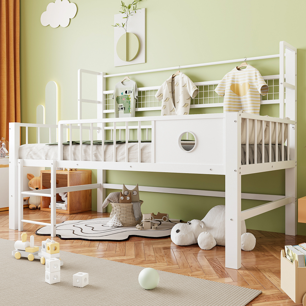 Cama infantil 90x200cm com arrumação e grade de proteção metal e mdf branco