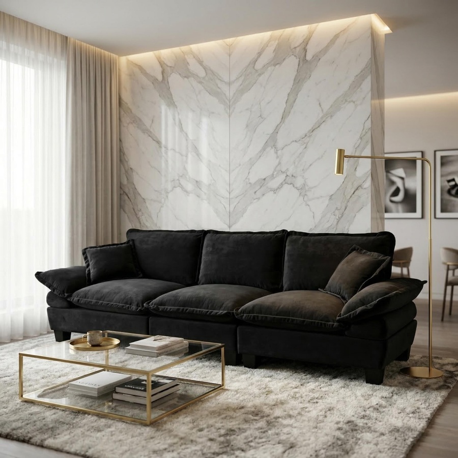 Sofá modular 3 lugares em chenille preto com braços curvos 263 cm