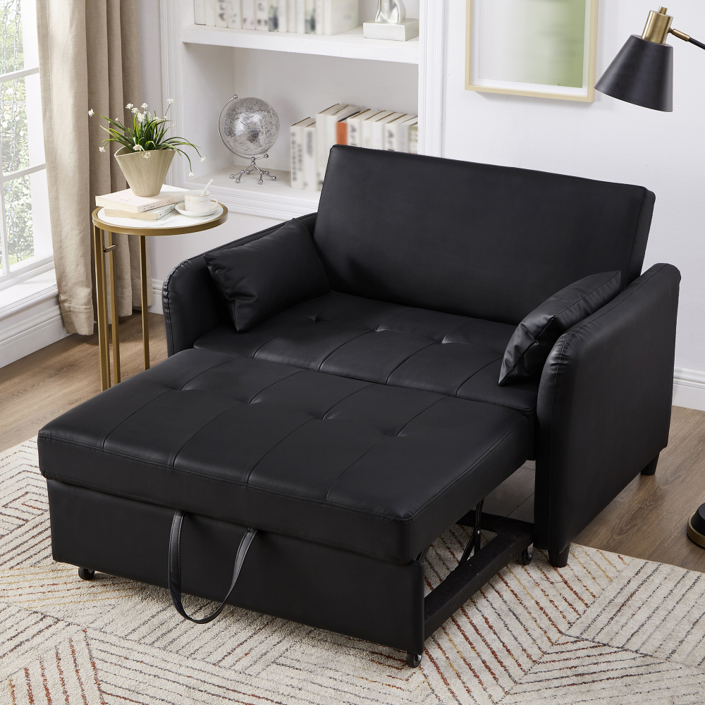 Sofá-cama 2 lugares em pu preto com encosto ajustável e função cama