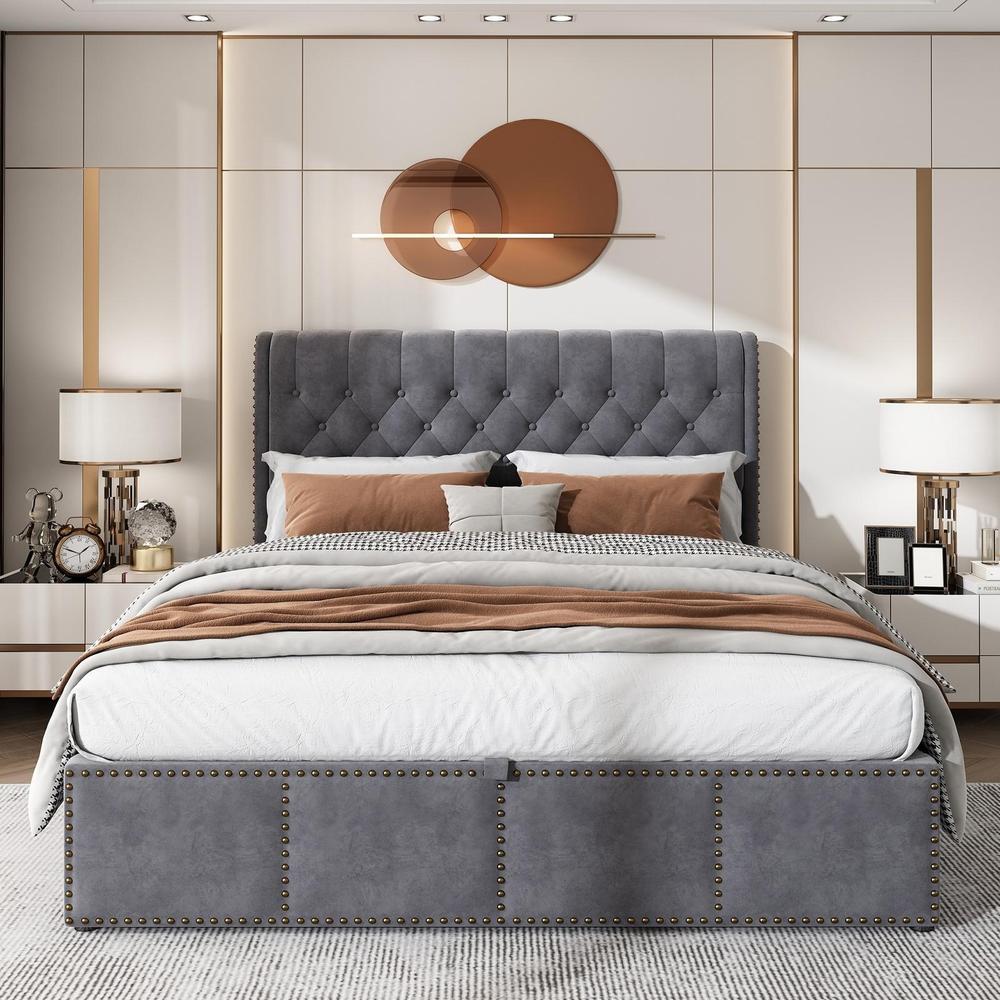 Cama baú 160x200cm com cabeceira acolchoada cinza, estilo minimalista