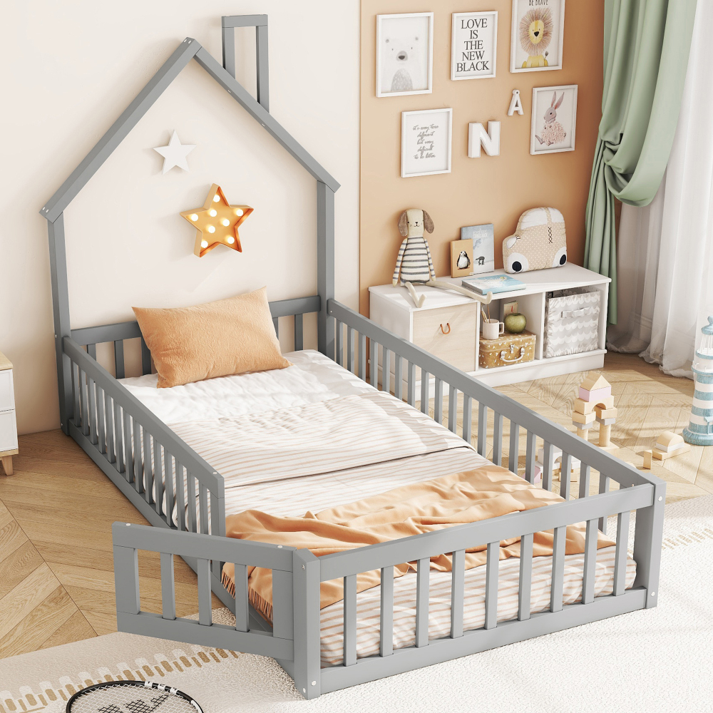 Cama casinha 90x200cm com grelha e estrado madeira de pinheiro – cinzento