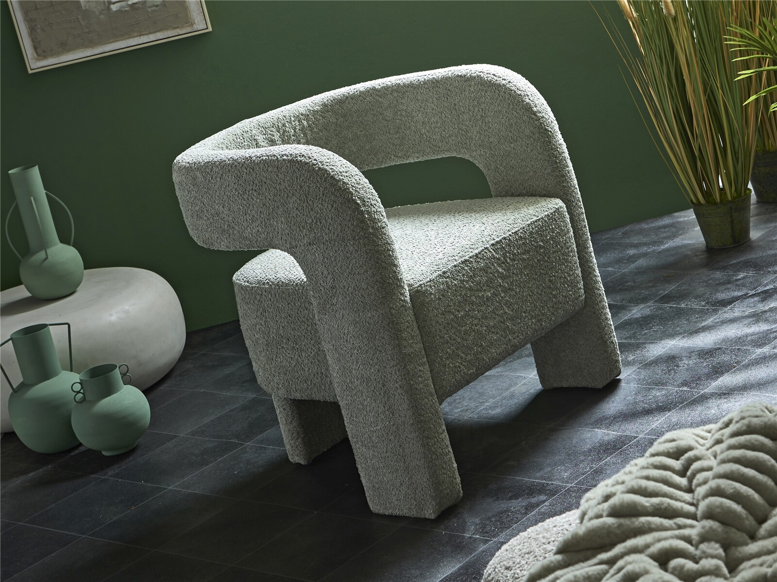 Poltrona bakari, tecido atoalhado verde macio, 72x63x74 cm