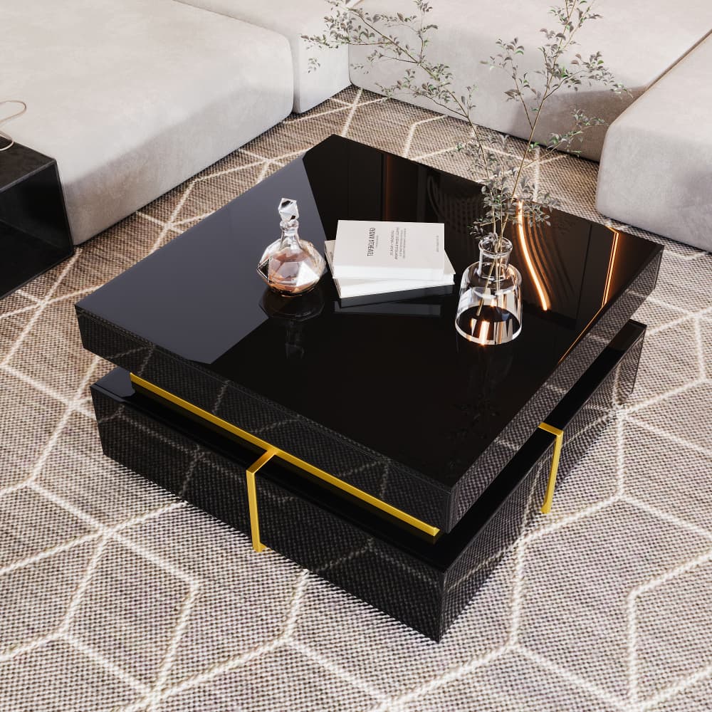 Mesa de centro com 2 gavetas preto brilhante 35,5x70x70cm