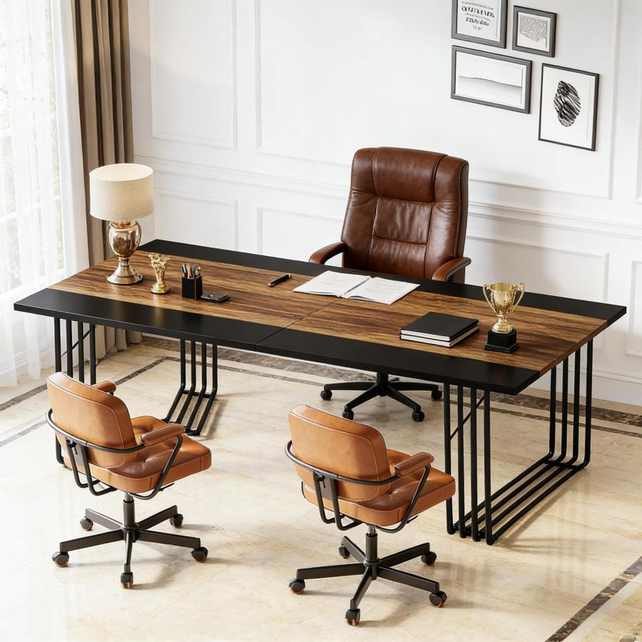 Mesa de reunião retangular industrial preto castanho 75x200x100cm