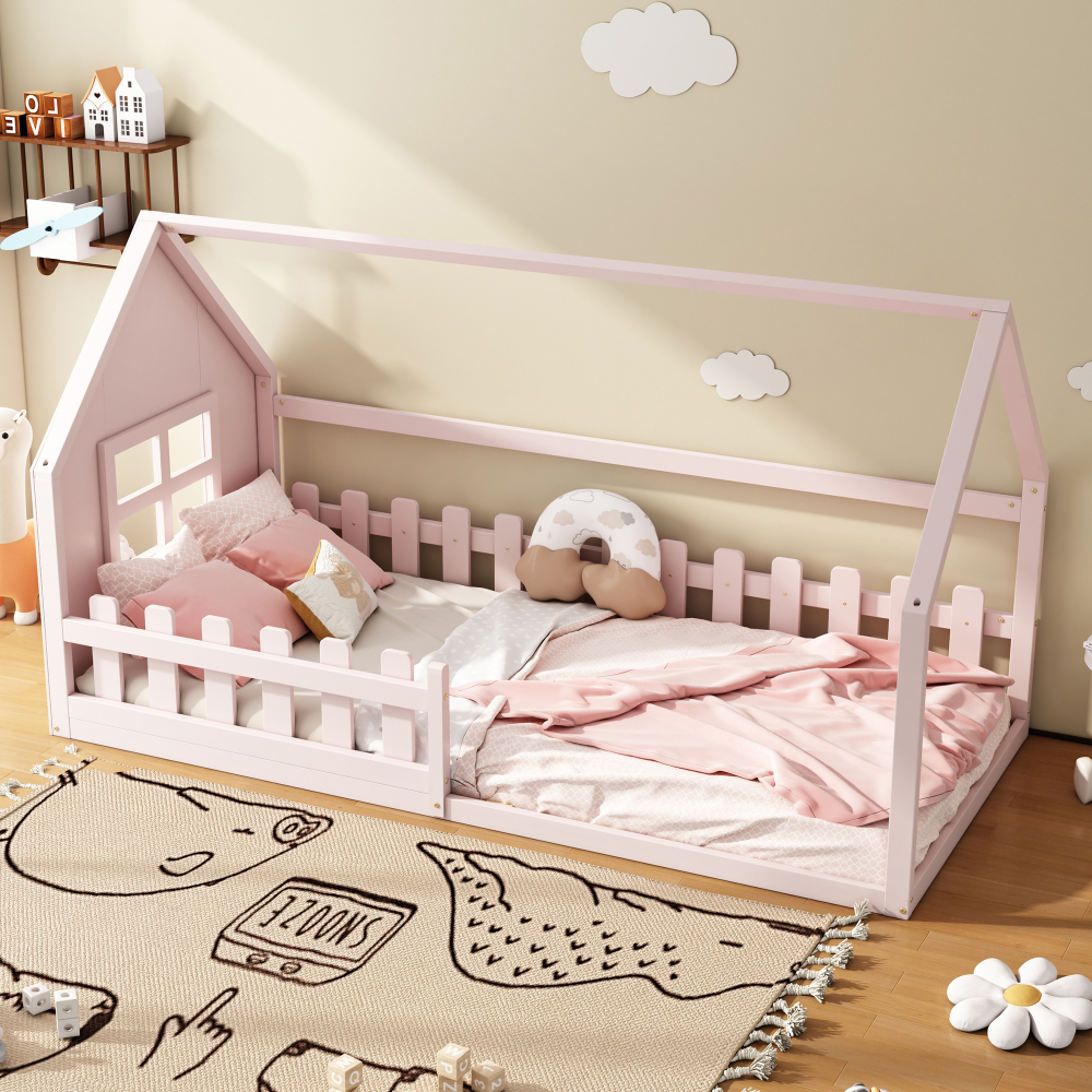 Cama infantil 90x200cm em forma de casa madeira – rosa