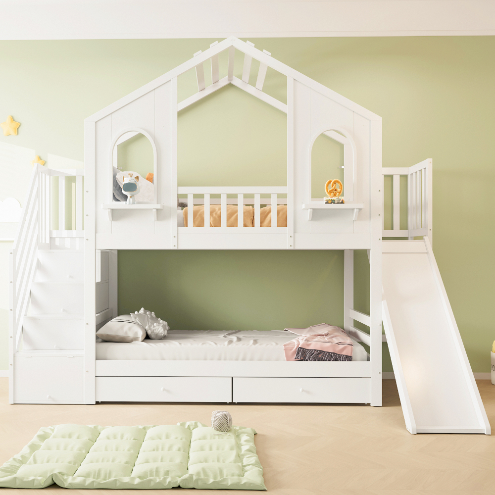 Beliche casinha 90x200cm com escorrega e arrumação madeira – branco