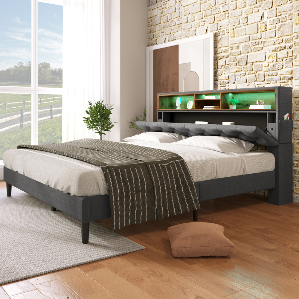 Cama de casal 140x200cm com arrumação e LED madeira – cinzento