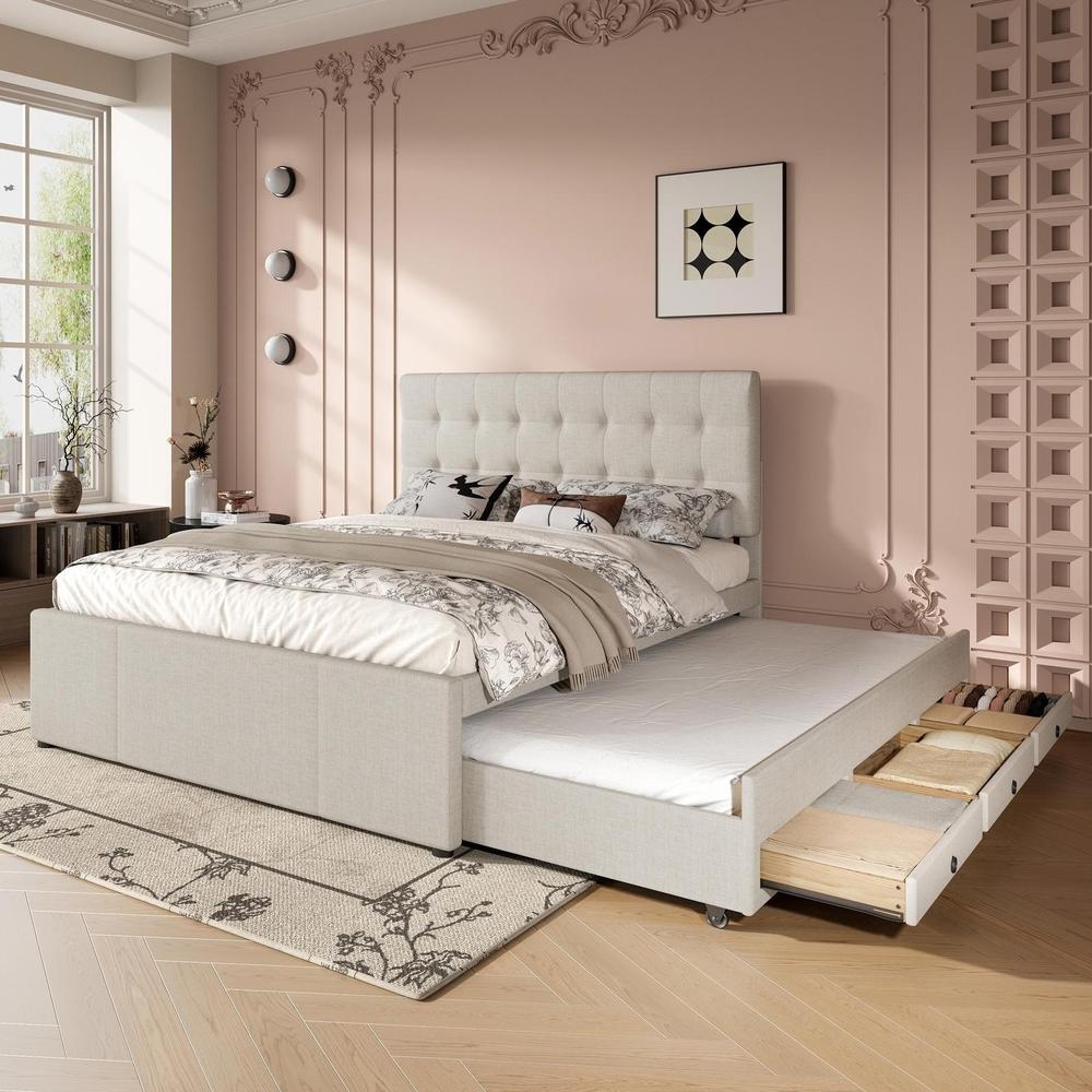 Cama dupla 140x200cm, 3 gavetas, cama ninho e cabeceira ajustável bege