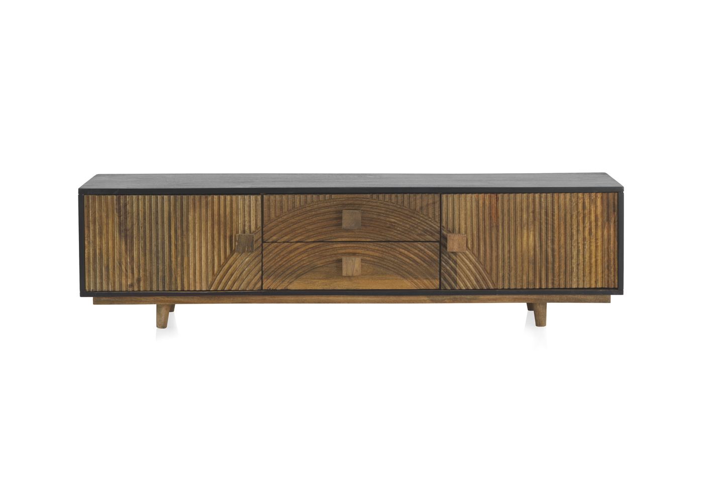 Móvel para tv em madeira de mangueira natural/preto, 2 portas, 150x38x40cm
